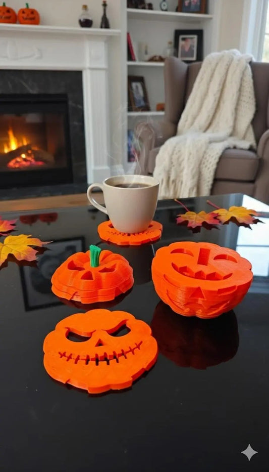 Jack-o'-Lantern Pumpkin Coaster Set - Spooky Halloween Decor PrecursorPrints